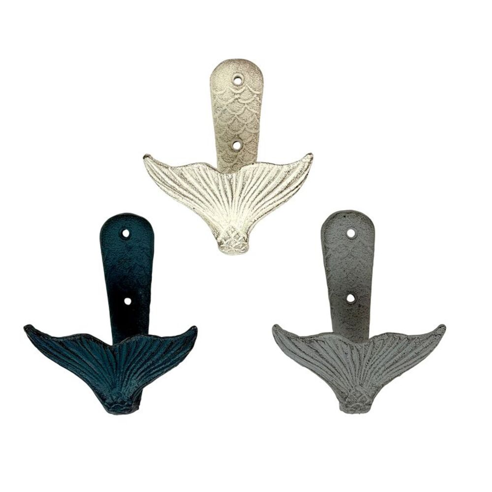 Set of 3 Cast Iron Mermaid Tail Wall Hooks Distressed Blue Gray White 5 Inch